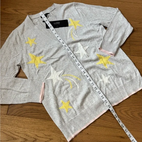 Lusso Cotton-Cashmere Blend Cardigan - Gray, Yellow & White - Size L - NWT - Picture 7 of 9